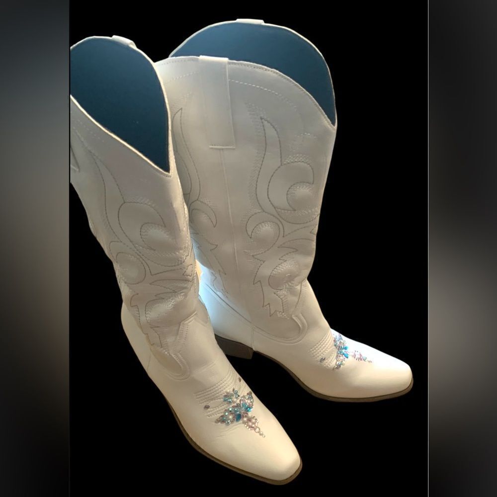 White Cowgirl Boots Mid Calf Custom Bling Accents - Wide Calf 2.5" Heel